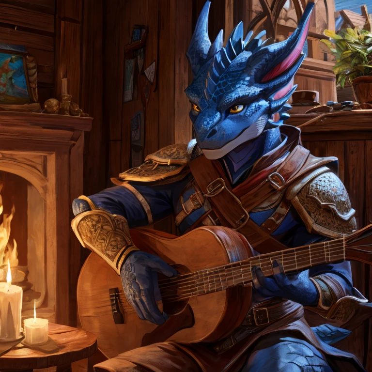 Blue Dragonborn, bard, playing the lute, detailed front, high resolution, Detailed lighting