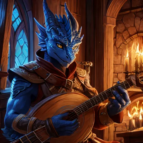 blue dragonborn, bard, playing the lute, detailed front, high resolution, detailed lighting