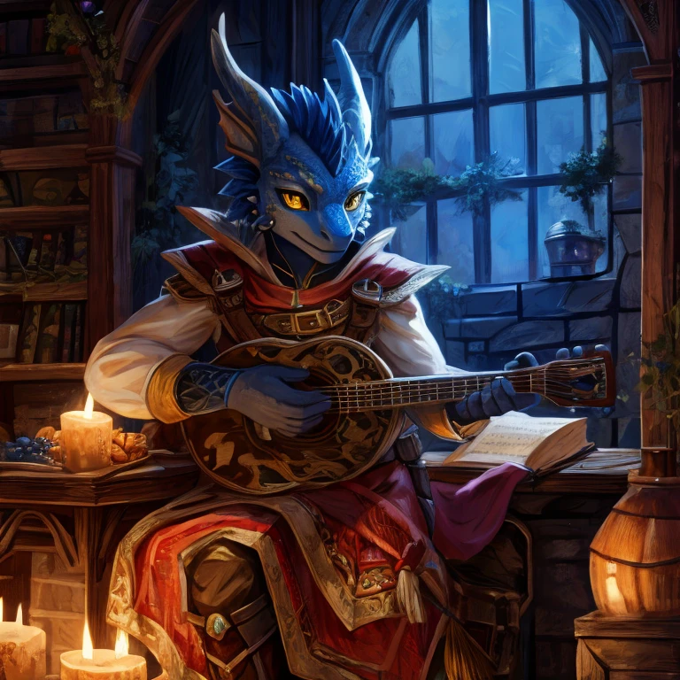 Blue Dragonborn, bard, playing the lute, detailed front, high resolution, Detailed lighting