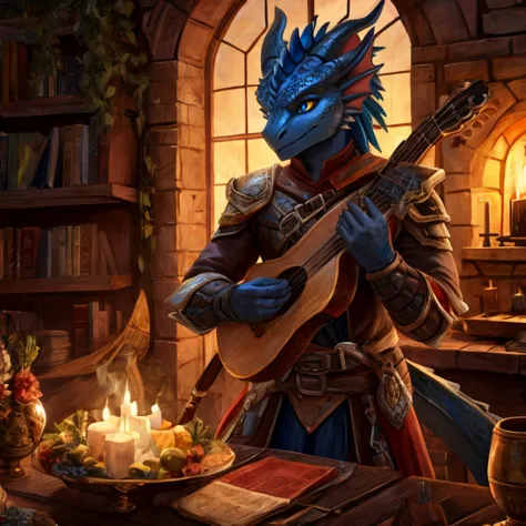 blue dragonborn, bard, playing the lute, detailed front, high resolution, detailed lighting