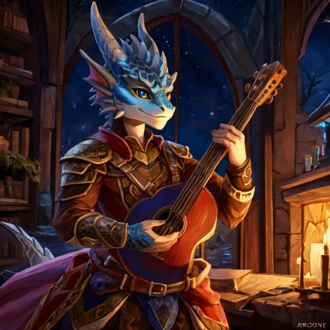 blue dragonborn, bard, playing the lute, detailed front, high resolution, detailed lighting