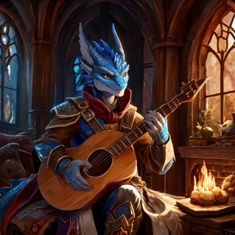 blue dragonborn, bard, playing the lute, detailed front, high resolution, detailed lighting