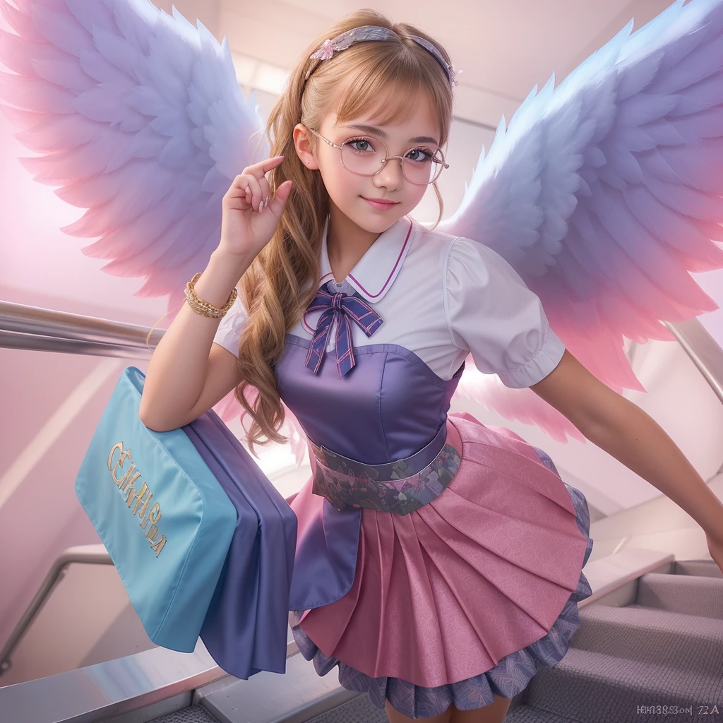 a gorgeous 12 year-old girl wearing a school outfit, pink satin circle skirt, white top, angel wings, glasses, standing on escalator stairs, cute smirk, extremely detailed, 8k high quality detailed art, high detailed official artwork