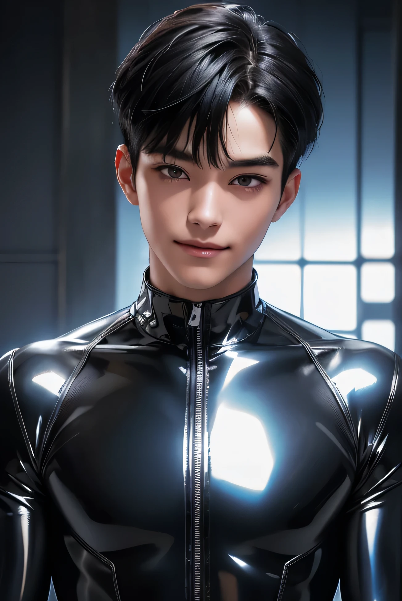 日本人MaleイケMeンモデル　　22 years old　smile　　　Black Hair　　Short cut　Short bangs　From KaMeRa&#39;s perspective　　　　　Shiny full-body silver suit　　　Shiny silver latex suit　Me　　From KaMeRa&#39;s perspective　future world　　　　　Upper body close-up　Face close-up　Male　male　male