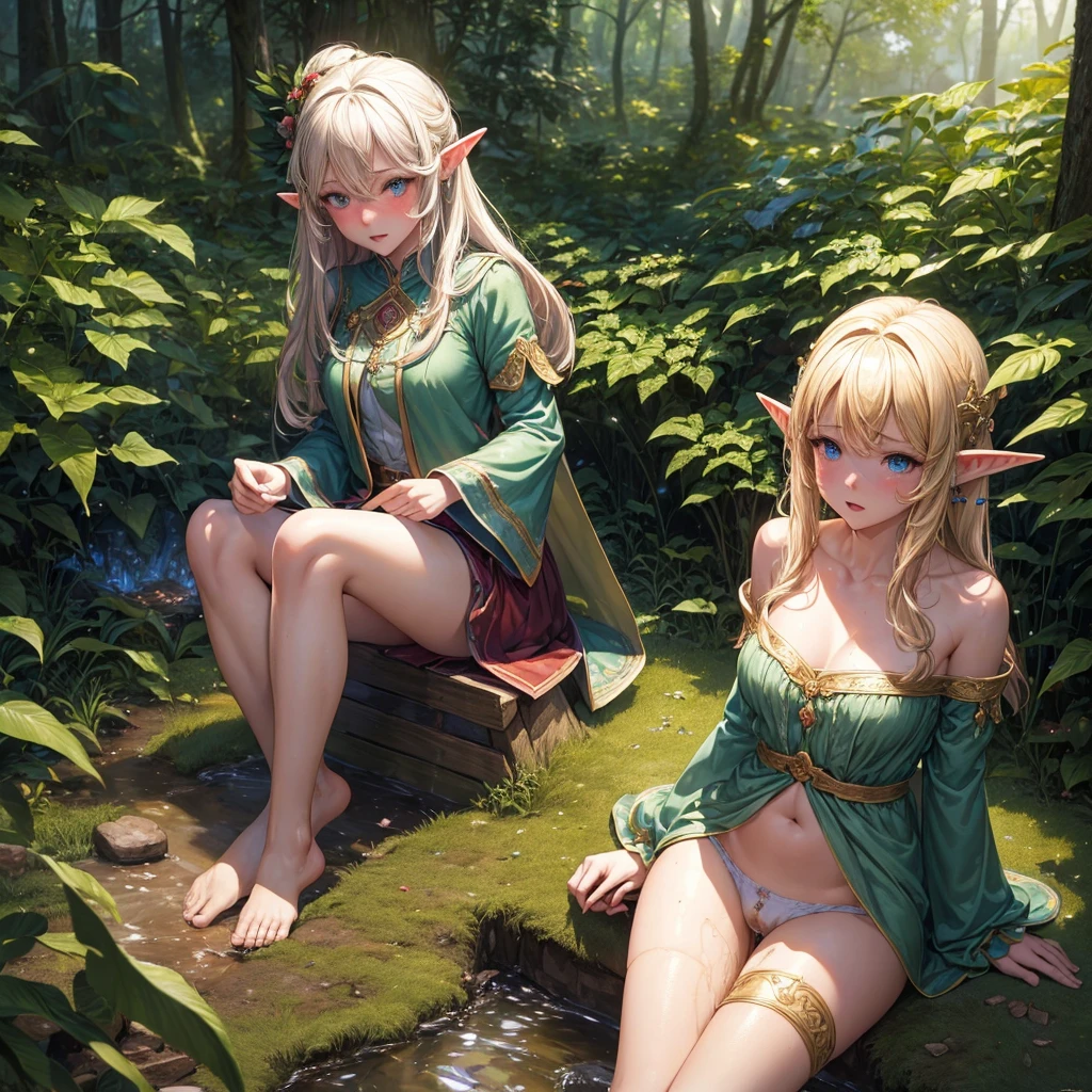 ((masterpiece,Highest quality;1.3,best illustration,realistic)), elf girls, elf ears, blushing, mouths open in arousal, incontinence、peeing  pee stains, wet panties, ensemble in the forest,  campfire.