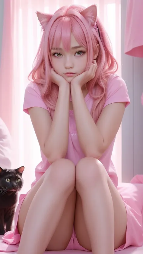 a gorgeous 12 year-old girl wearing a pink shirt, straight pink hair with cat ears, extremely detailed, 8k high quality detailed...