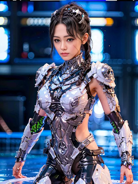 Christina Chong beautiful face, narrowed eyes. smirk. black braided hair MECHA WATER ARMOR FULL SUIT, transparent, debout, corps...