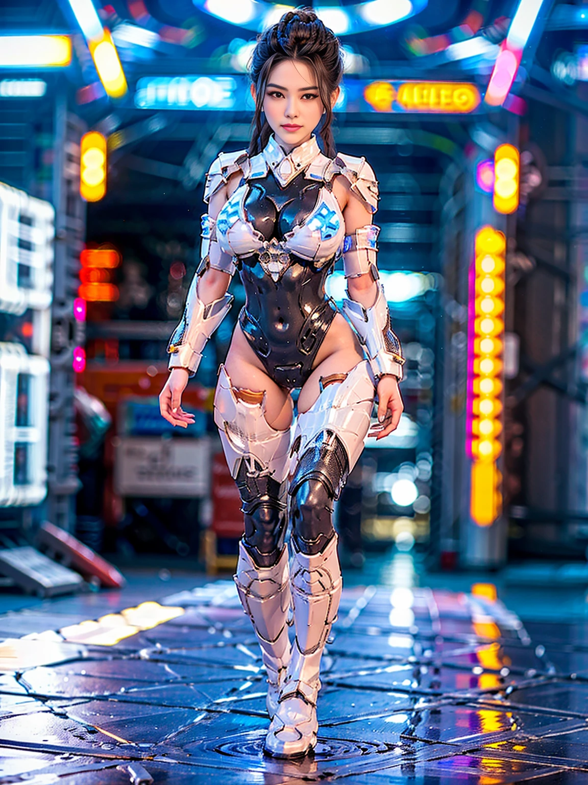 A beautiful young woman with narrowed eyes and a smirk, black braided hair, wearing a transparent, futuristic mecha water armor full suit, standing in a powerful and sexy pose