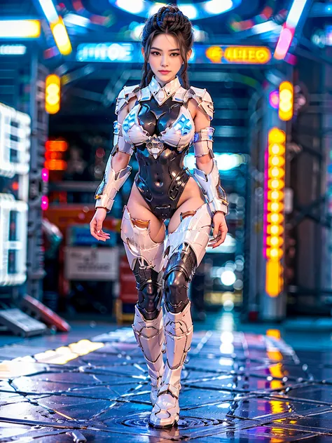 A beautiful young woman with narrowed eyes and a smirk, black braided hair, wearing a transparent, futuristic mecha water armor ...