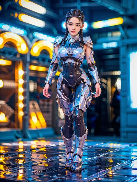 A beautiful young woman with narrowed eyes and a smirk, black braided hair, wearing a transparent, futuristic mecha water armor ...