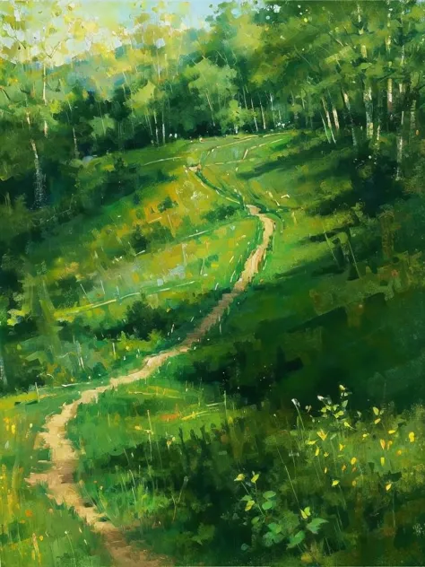 painting of a winding path in a green field with trees, 4k oil on linen, by ni yuanlu, smooth oil painting, green hills, 8k reso...