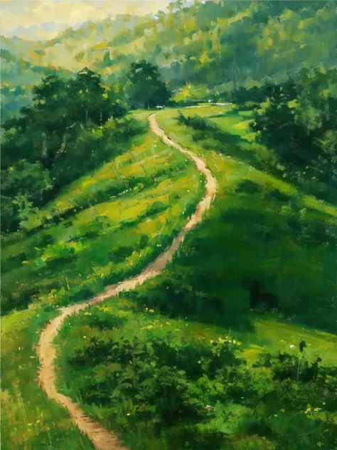 painting of a winding path in a green field with trees, 4k oil on linen, by ni yuanlu, smooth oil painting, green hills, 8k reso...