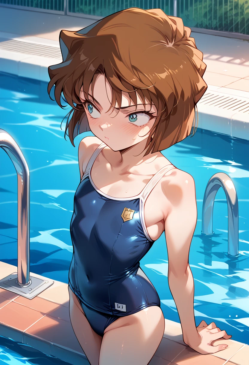 masterpiece,High resolution,Highest quality,8k(Detective Conan,ai haibara)
(7-year-old girl,,Flat Chest,Short,Brown Hair,short hair)Confused eyes,Embarrassing School Swimsuit,Pool