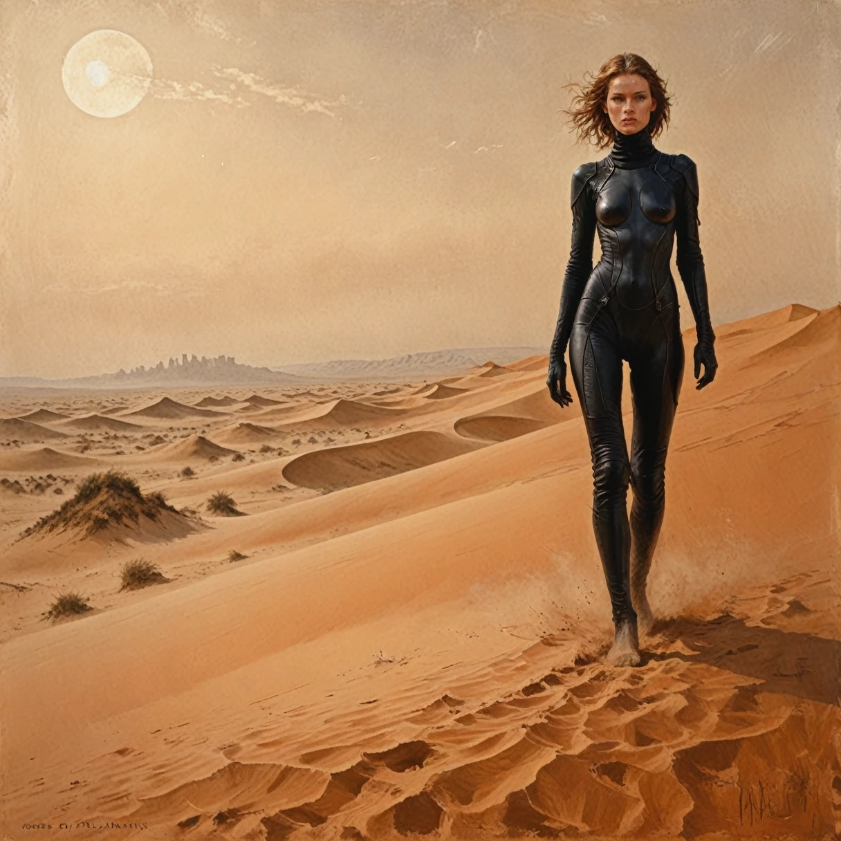 An digital illustration sci-fi drawing frank herbert dune masterpiece and intricate details and the best quality art by, (Peter of Schendel) (Hans Raven) and (Dorian Clevinger) and (Luis Royo) a young attractive Fremen woman and delicate dust covered face and black eyeliner stand on top of a dune of vast sandy orange desert wearing tight black stillsuit, In the distance is the futuristic skyline of Arrakis 