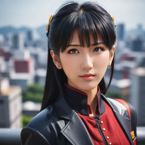 medium close-up realistic 8k raw photography, (captivating katsuragi misato portrait:1.3), balanced composition, piercing gaze, ...