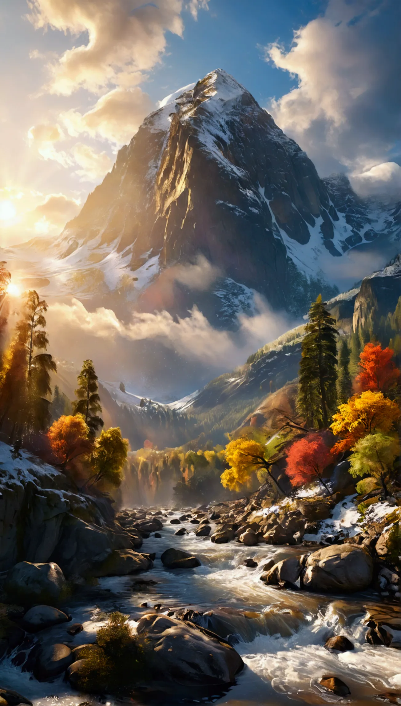 detailed background, masterpiece, top quality, landscape, mountain, river, forest, sun, day, cloud, beautiful golden sunlight, d...