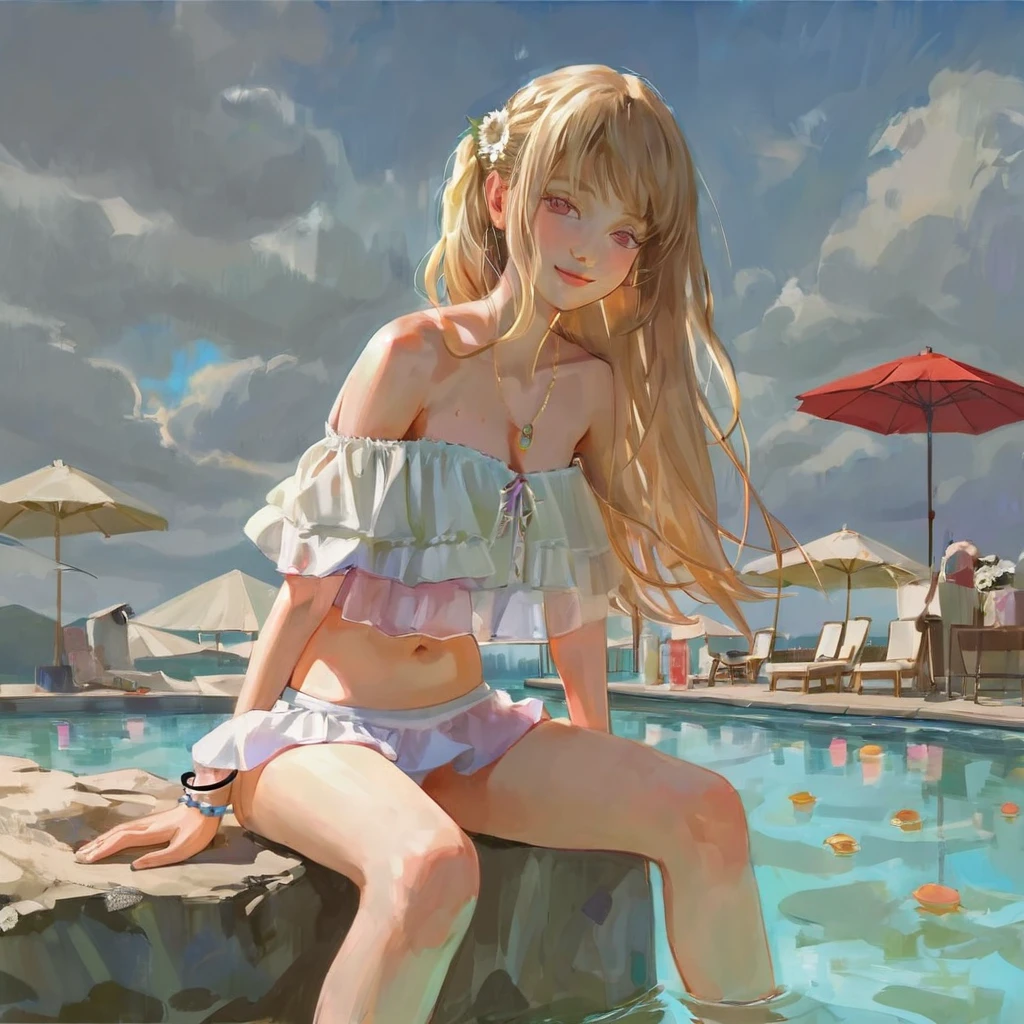 score_9, score_8_up, score_7_up, score_6_up, score_5_up, score_4_up, fkey70, h3l3n, masterpiece, best quality, high quality, hyperrealistic anime painting, anime painting, painterly, realistic painting, soft feature, detailed clothes, detailed, rembrandt lighting, solo, masterpiece, best quality, high quality, 1girl, blonde hair, loose hair, masterpiece， The best quality at its best， Super detailed， Absurd， solo， 耳Nipple Ring， gem， (Off-the-shoulder outfit:1.5)，Cleavage， Upper body close-up，smile， String， Best， cloud， Sky Sky， Daisy， Sit， Sitting_upon_Rock Music， Volumetric Lighting， 最high quality， masterpiece， Intricate details， Tone Mapping， Sharp focus， Super detailed, Look at her, Great environment, Very detailed, high quality, summer, Bright sun, Pool, bikini, White ruffled swimsuit, Jump. Have a float