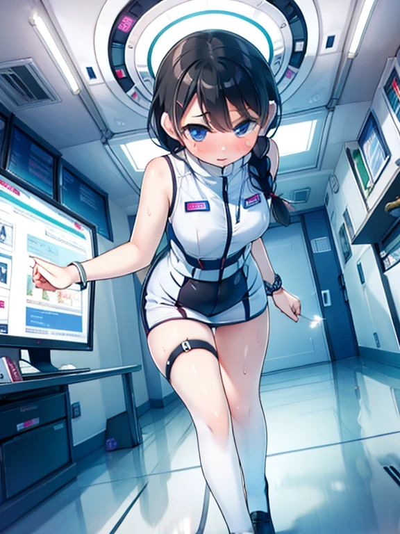 (Highest quality), (masterpiece), 1080P, High resolution, 4K, 8k, Inside the space station、Futuristic room、Thigh straps, Shooting from directly below, The woman on top of me, Nipples, 白いSweat, Covered , Sweat, Woman looking down, Skirt swimsuit, Thigh-high socks, To achieve this, 16 years old, , whole body, Black leather shoes, Braided hair, Inner Color, Embarrassed face, Short black hair, bracelet, Bedroom,celestial body_Vest
