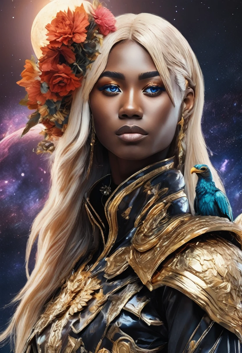 PORTRAIT, only face portrait, macro, a LATINO battle angel portrait NEXT TO An eagle , beautiful black skin with sparkles and glitter, long golden hair with red and blure flowers on hair, shiny and lightening eyes, cosmos eyes, next to a bird, highly detailed fur (vectorized) , detailed skin, anime style< image is compelling with dynamic composition and energetic posing. Include many fantasy details such as bumps, phantasmal iridescence, glitter, galaxy, cosmos, ((dark celestialskin body, void cosmic body)), (((dark background))), (((lights off))), (((hollywood dark))), horror, dramatic shadows, (in a dark fantasy space:1.3, glitter, sparkle, gleam) vector digital illustration, (black background:1.5)sharp