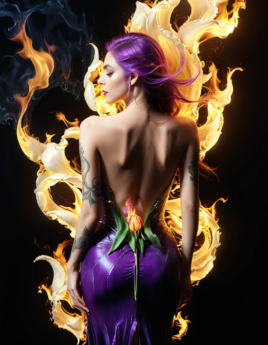 Arafed, Dark fantasy art, fantasy art, goth art, a picture of a tattoo of a tulip on the back of a female elf, a glowing tattoo of a ((tulip: 1.3)) on the elf's back, the ((tulip tattoo: 1.3)) is vivid, intricate detailed,  GlowingRunesAI_purple, ((fire surrounds the tulip: 1.5)), shot taken from the back, ((the back is visible: 1.3), she wears a transparent red dress, the dress is elegant, flowing, elven style, that the tattoos glow, dynamic hair color, dynamic hair style,  vibrant, Ultra-high resolution, High Contrast, (masterpiece:1.5),  highest quality, Best aesthetics, best details, best quality, highres, 16k, (ultra detailed: 1.5), masterpiece, best quality, (extremely detailed) RAW, (ultra details, Masterpiece, best quality) faize, Digital Painting, *channel_42*