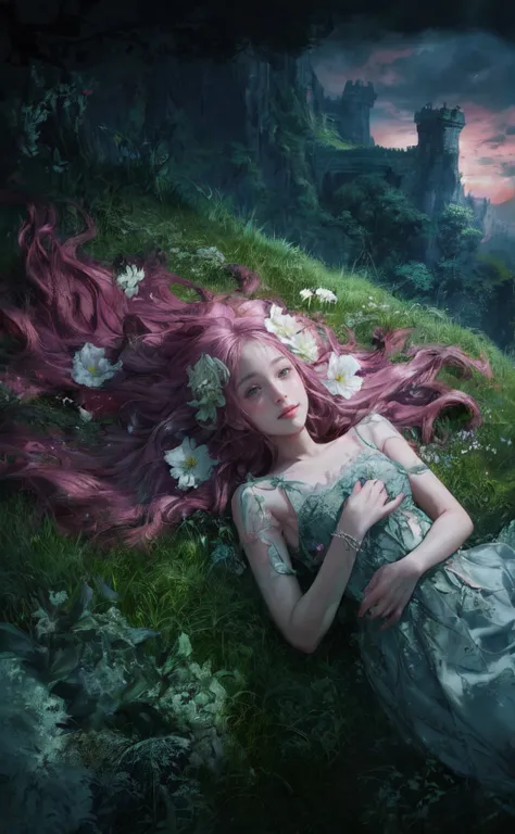 a striking dark fantasy film poster featuring a girl with violet eyes and long, wavy pink hair adorned with lilac lilies. she is...