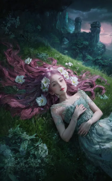 a striking dark fantasy film poster featuring a girl with violet eyes and long, wavy pink hair adorned with lilac lilies. she is...