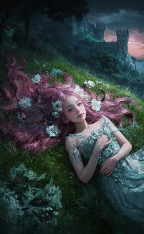 a striking dark fantasy film poster featuring a girl with violet eyes and long, wavy pink hair adorned with lilac lilies. she is...