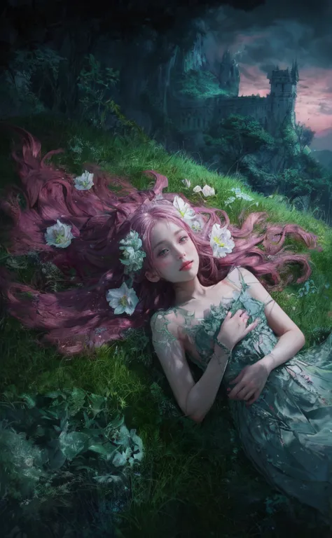 a striking dark fantasy film poster featuring a girl with violet eyes and long, wavy pink hair adorned with lilac lilies. she is...