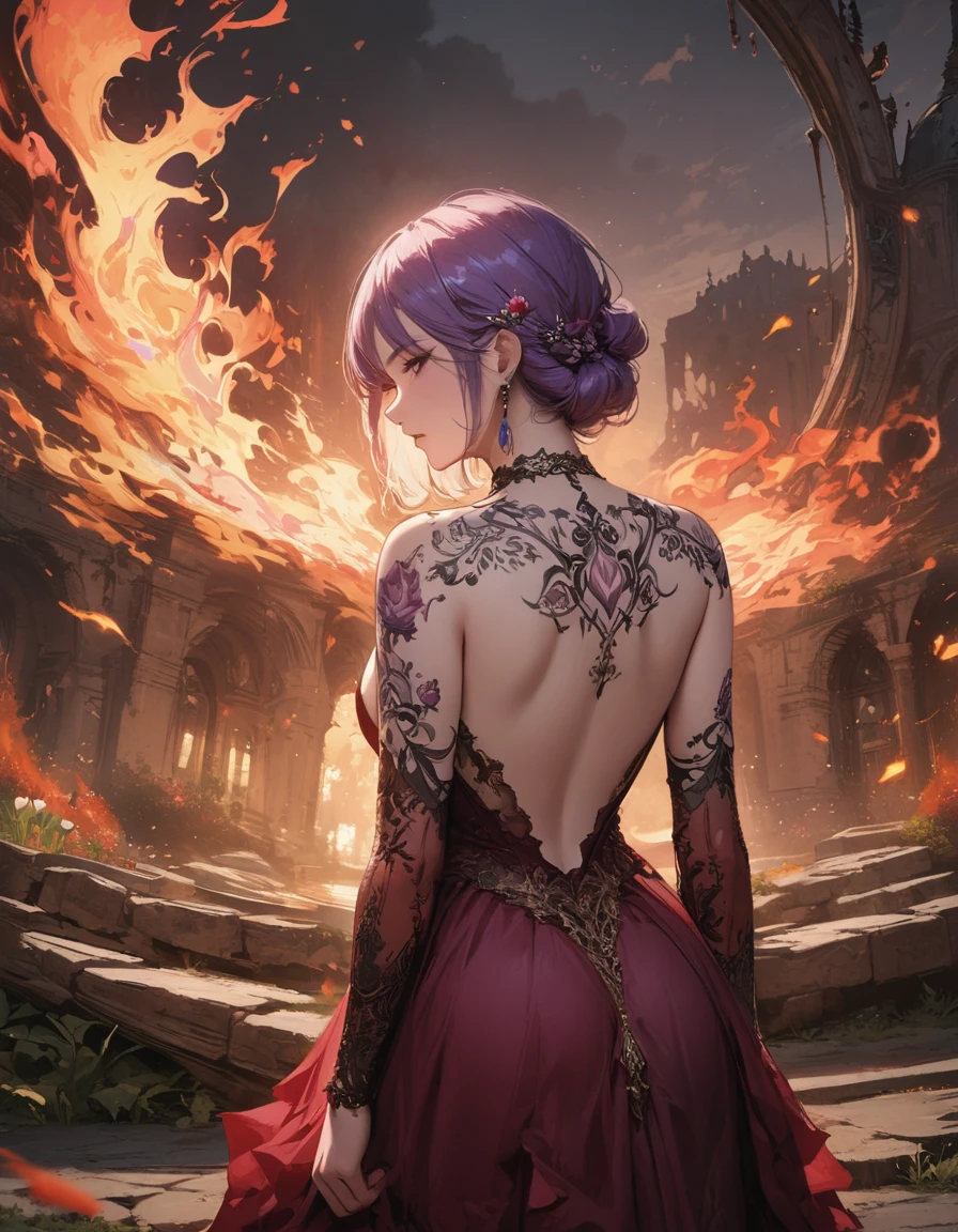 Arafed, Dark fantasy art, fantasy art, goth art, a picture of a tattoo of a tulip on the back of a female elf, a glowing tattoo of a ((tulip: 1.3)) on the elf's back, the ((tulip tattoo: 1.3)) is vivid, intricate detailed,  GlowingRunesAI_purple, ((fire surrounds the tulip: 1.5)), shot taken from the back, ((the back is visible: 1.3), she wears a transparent red dress, the dress is elegant, flowing, elven style, that the tattoos glow, dynamic hair color, dynamic hair style,  vibrant, Ultra-high resolution, High Contrast, (masterpiece:1.5),  highest quality, Best aesthetics, best details, best quality, highres, 16k, (ultra detailed: 1.5), masterpiece, best quality, (extremely detailed) RAW, (ultra details, Masterpiece, best quality) faize, Digital Painting, *channel_42*