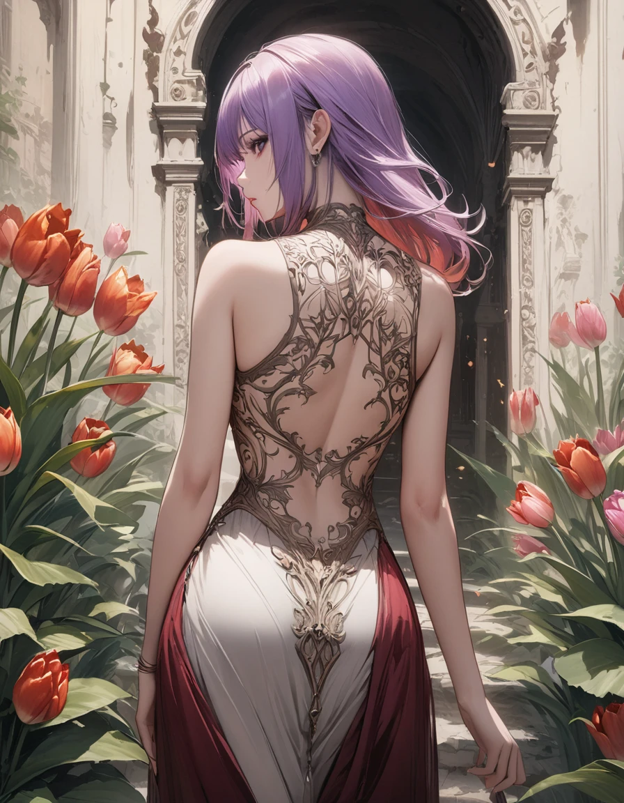 Arafed, Dark fantasy art, fantasy art, goth art, a picture of a tattoo of a tulip on the back of a female elf, a glowing tattoo of a ((tulip: 1.3)) on the elf's back, the ((tulip tattoo: 1.3)) is vivid, intricate detailed,  GlowingRunesAI_purple, ((fire surrounds the tulip: 1.5)), shot taken from the back, ((the back is visible: 1.3), she wears a transparent red dress, the dress is elegant, flowing, elven style, that the tattoos glow, dynamic hair color, dynamic hair style,  vibrant, Ultra-high resolution, High Contrast, (masterpiece:1.5),  highest quality, Best aesthetics, best details, best quality, highres, 16k, (ultra detailed: 1.5), masterpiece, best quality, (extremely detailed) RAW, (ultra details, Masterpiece, best quality) faize, Digital Painting, *channel_42*