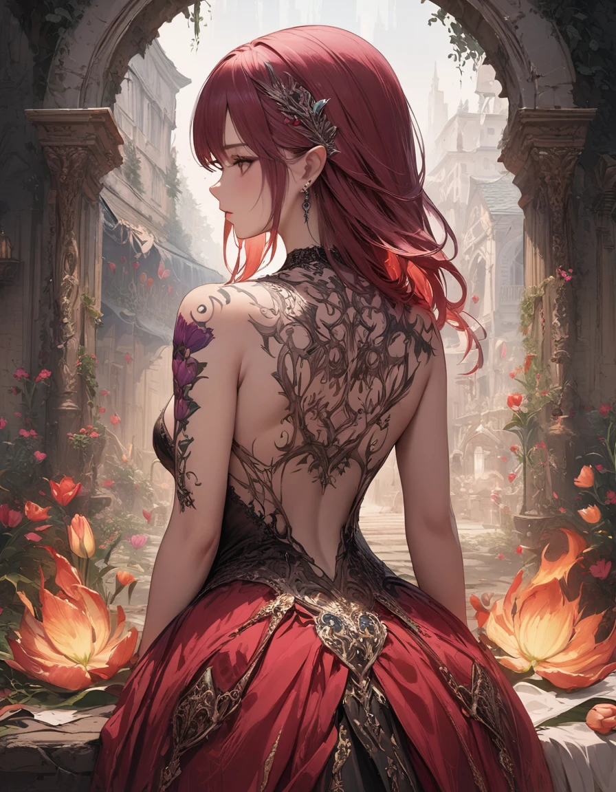 Arafed, Dark fantasy art, fantasy art, goth art, a picture of a tattoo of a tulip on the back of a female elf, a glowing tattoo of a ((tulip: 1.3)) on the elf's back, the ((tulip tattoo: 1.3)) is vivid, intricate detailed,  GlowingRunesAI_purple, ((fire surrounds the tulip: 1.5)), shot taken from the back, ((the back is visible: 1.3), she wears a transparent red dress, the dress is elegant, flowing, elven style, that the tattoos glow, dynamic hair color, dynamic hair style,  vibrant, Ultra-high resolution, High Contrast, (masterpiece:1.5),  highest quality, Best aesthetics, best details, best quality, highres, 16k, (ultra detailed: 1.5), masterpiece, best quality, (extremely detailed) RAW, (ultra details, Masterpiece, best quality) faize, Digital Painting, *channel_42*