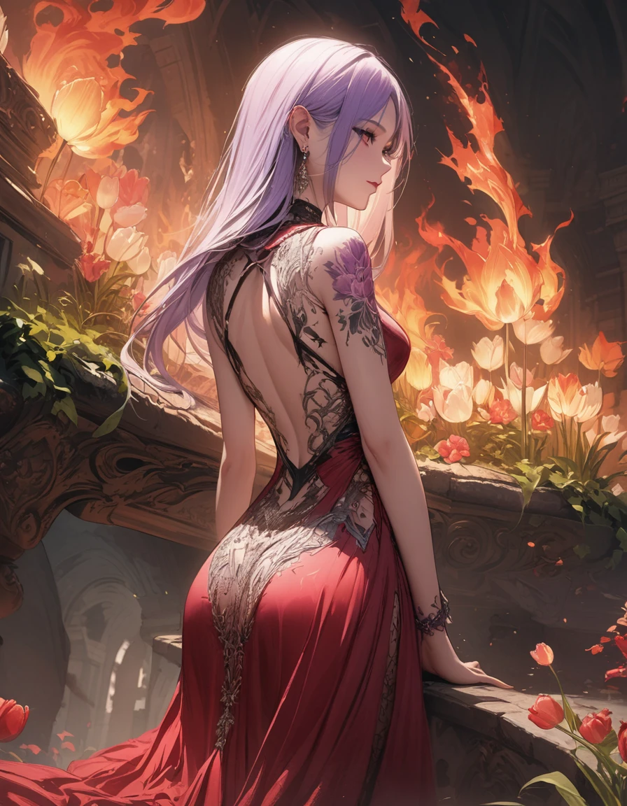 Arafed, Dark fantasy art, fantasy art, goth art, a picture of a tattoo of a tulip on the back of a female elf, a glowing tattoo of a ((tulip: 1.3)) on the elf's back, the ((tulip tattoo: 1.3)) is vivid, intricate detailed,  GlowingRunesAI_purple, ((fire surrounds the tulip: 1.5)), shot taken from the back, ((the back is visible: 1.3), she wears a transparent red dress, the dress is elegant, flowing, elven style, that the tattoos glow, dynamic hair color, dynamic hair style,  vibrant, Ultra-high resolution, High Contrast, (masterpiece:1.5),  highest quality, Best aesthetics, best details, best quality, highres, 16k, (ultra detailed: 1.5), masterpiece, best quality, (extremely detailed) RAW, (ultra details, Masterpiece, best quality) faize, Digital Painting, *channel_42*