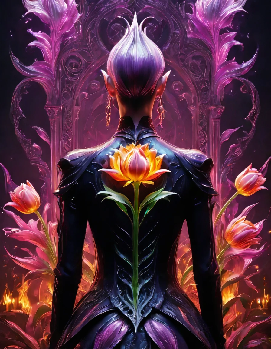 Arafed, Dark fantasy art, fantasy art, goth art, a picture of a tattoo of a tulip on the back of a female elf, a glowing tattoo of a ((tulip: 1.3)) on the elf's back, the ((tulip tattoo: 1.3)) is vivid, intricate detailed,  GlowingRunesAI_purple, ((fire surrounds the tulip: 1.5)), shot taken from the back, ((the back is visible: 1.3), she wears a transparent red dress, the dress is elegant, flowing, elven style, that the tattoos glow, dynamic hair color, dynamic hair style,  vibrant, Ultra-high resolution, High Contrast, (masterpiece:1.5),  highest quality, Best aesthetics, best details, best quality, highres, 16k, (ultra detailed: 1.5), masterpiece, best quality, (extremely detailed) RAW, (ultra details, Masterpiece, best quality) faize, Digital Painting, *channel_42*