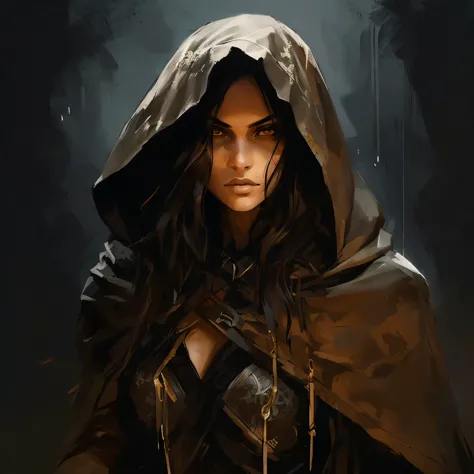 "a dark, detailed illustration of a fierce hooded woman with beautiful almond-shaped brown eyes. her gaze is tough and intimidat...