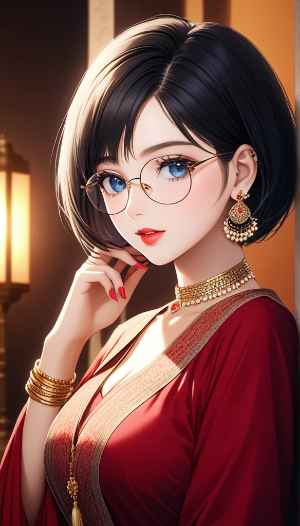 A beautiful marure woman, big jhumka earrings, breasts, diamond necklace, long necklaces, makeup, big earrings, red lipstick, kurti, pajama, dupatta, short bob hair, blue eyes, cleavage, (best quality,4k,8k,highres,masterpiece:1.2),ultra-detailed,(realistic,photorealistic,photo-realistic:1.37),highly detailed portrait, intricate details, exquisite skin texture, dramatic lighting, cinematic composition, vivid colors, warm color palette, bracelet, nail polish,long nails, bangles,thin waist,long legs, aesthetic glasses