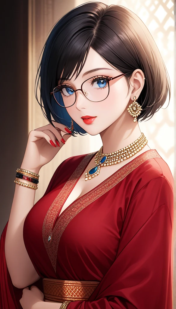 A beautiful marure woman, big jhumka earrings, breasts, diamond necklace, long necklaces, makeup, big earrings, red lipstick, kurti, pajama, dupatta, short bob hair, blue eyes, cleavage, (best quality,4k,8k,highres,masterpiece:1.2),ultra-detailed,(realistic,photorealistic,photo-realistic:1.37),highly detailed portrait, intricate details, exquisite skin texture, dramatic lighting, cinematic composition, vivid colors, warm color palette, bracelet, nail polish,long nails, bangles,thin waist,long legs, aesthetic glasses