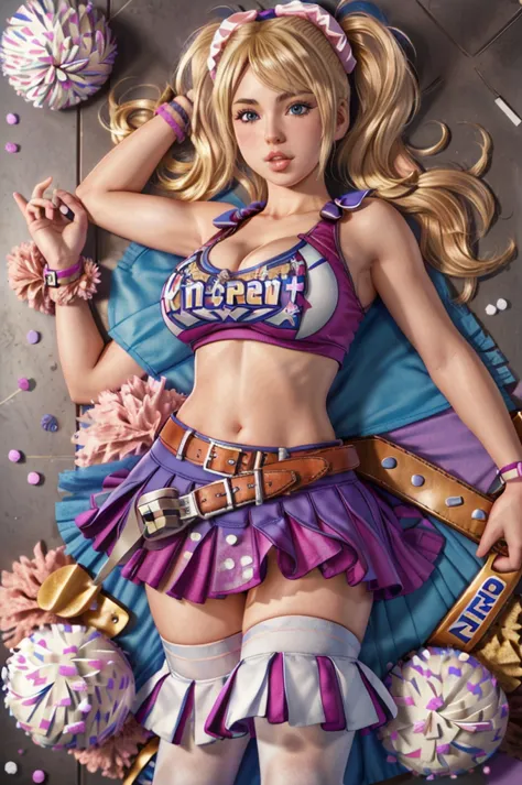 julietchainsaw, 1girl, solo, blonde hair, cheerleader, midriff, candy, twintails, thighhighs, blue eyes, navel, crop top, skirt,...