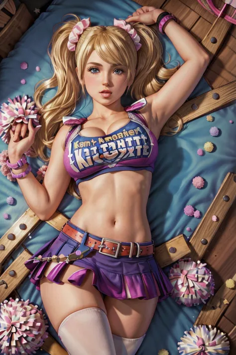 julietchainsaw, 1girl, solo, blonde hair, cheerleader, midriff, candy, twintails, thighhighs, blue eyes, navel, crop top, skirt,...