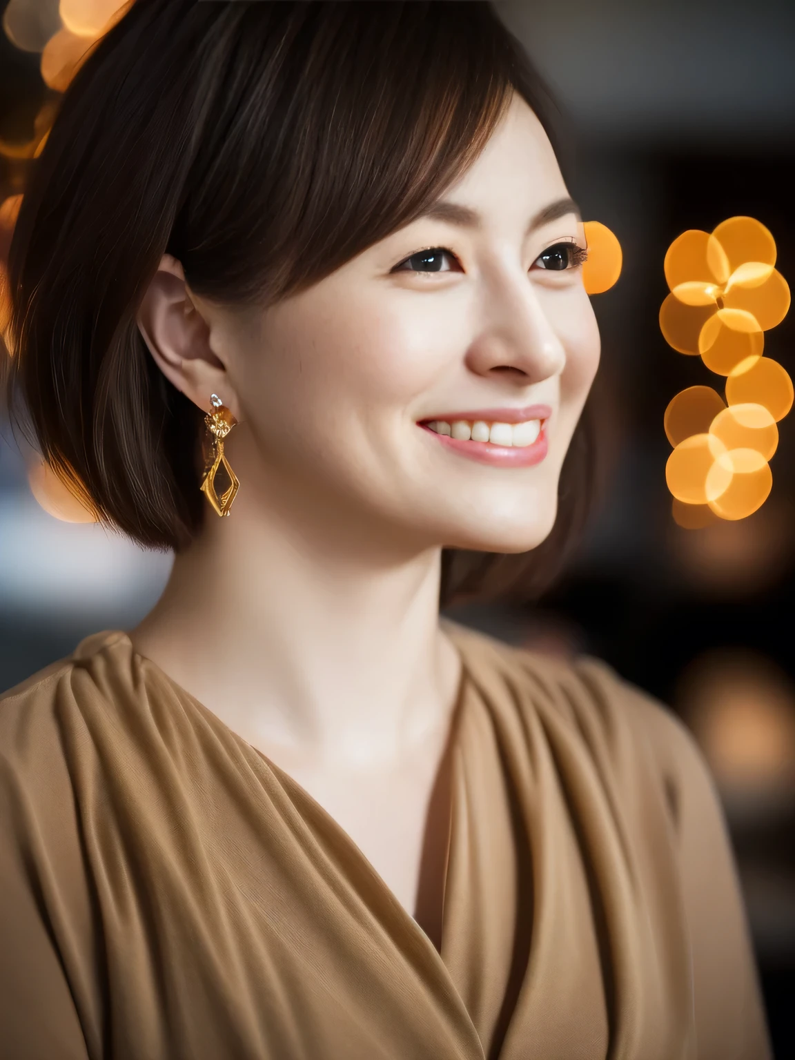 light brown hair, short hair, sanpaku, heart earrings, evil smile, depth of field, cinematic lighting, UHD, masterpiece, anatomically correct, super detail, best quality, 16k