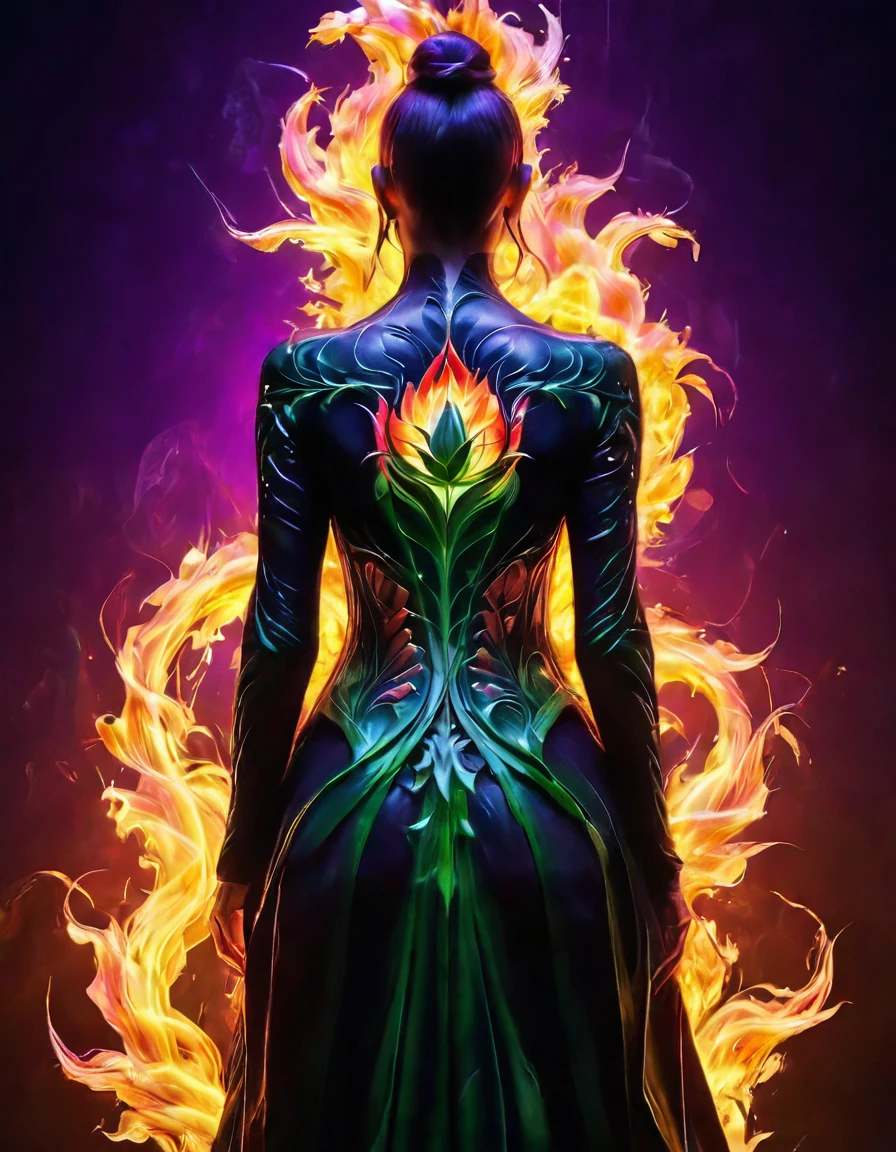 Arafed, Dark fantasy art, fantasy art, goth art, a picture of a tattoo of a tulip on the back of a female elf, a glowing tattoo of a ((tulip: 1.3)) on the elf's back, the ((tulip tattoo: 1.3)) is vivid, intricate detailed,  GlowingRunesAI_purple, ((fire surrounds the tulip: 1.5)), shot taken from the back, ((the back is visible: 1.3), she wears a transparent red dress, the dress is elegant, flowing, elven style, that the tattoos glow, dynamic hair color, dynamic hair style,  vibrant, Ultra-high resolution, High Contrast, (masterpiece:1.5),  highest quality, Best aesthetics, best details, best quality, highres, 16k, (ultra detailed: 1.5), masterpiece, best quality, (extremely detailed) RAW, (ultra details, Masterpiece, best quality) faize, Digital Painting, *channel_42*