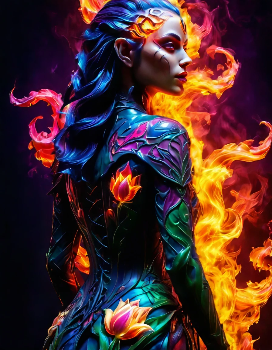 Arafed, Dark fantasy art, fantasy art, goth art, a picture of a tattoo of a tulip on the back of a female elf, a glowing tattoo of a ((tulip: 1.3)) on the elf's back, the ((tulip tattoo: 1.3)) is vivid, intricate detailed,  GlowingRunesAI_purple, ((fire surrounds the tulip: 1.5)), shot taken from the back, ((the back is visible: 1.3), she wears a transparent red dress, the dress is elegant, flowing, elven style, that the tattoos glow, dynamic hair color, dynamic hair style,  vibrant, Ultra-high resolution, High Contrast, (masterpiece:1.5),  highest quality, Best aesthetics, best details, best quality, highres, 16k, (ultra detailed: 1.5), masterpiece, best quality, (extremely detailed) RAW, (ultra details, Masterpiece, best quality) faize, Digital Painting, *channel_42*, rpg portrait