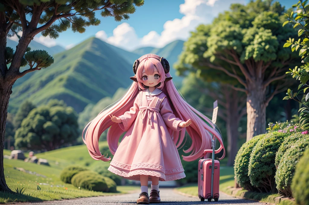 masterpiece, Highest quality, 8k, high details, Vivid, young woman, smile, cute, Directed at an angle, Open your mouth, Mokomo Konoko hair, Long Hair, Hair like sheep's hair, Pink Hair, eyebrow, 太いeyebrow, Pink dress, Long skirt, Light blue cardigan, Brown shoes, Sheep, (trip, Famous tourist destinations, 大きなtrip鞄を持っている)