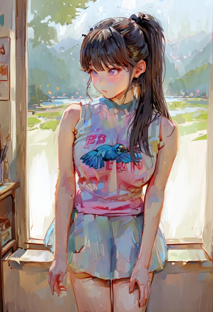 score_9, score_8_up, score_7_up, score_6_up, score_5_up, score_4_up, fkey70, h3l3n, masterpiece, best quality, high quality, hyperrealistic anime painting, anime painting, painterly, realistic painting, soft feature, detailed clothes, detailed, rembrandt lighting, solo, masterpiece, best quality, high quality, (best quality, masterpiece:1.2), an attractive woman wearing a hummingbird printed tank top, perfect body, huge breasts, wide hips, cute, perfect illustration, 8k, uhd, pbr, hdr
