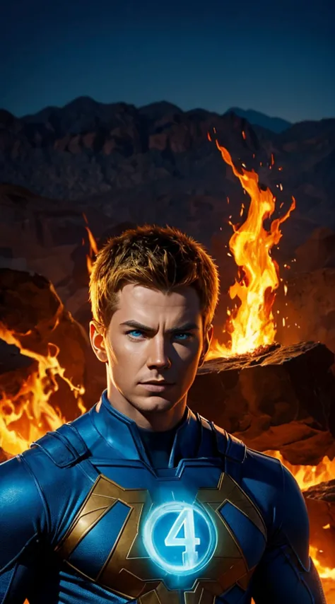 human torch in desert. fantastic four blue costume. portrait. in flames. fantastic four logo on his chest. his entire body cover...