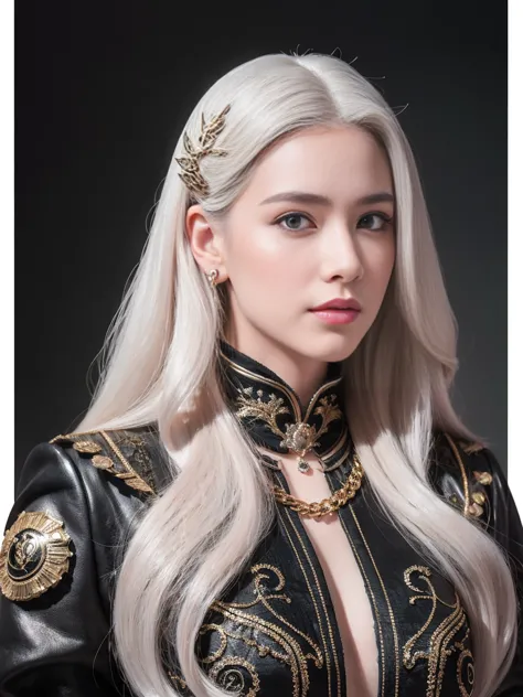 portrait of a beautiful girl with wavy white hair, wear a formal black dress with metallic pieces., conjunctivitis, initials in ...