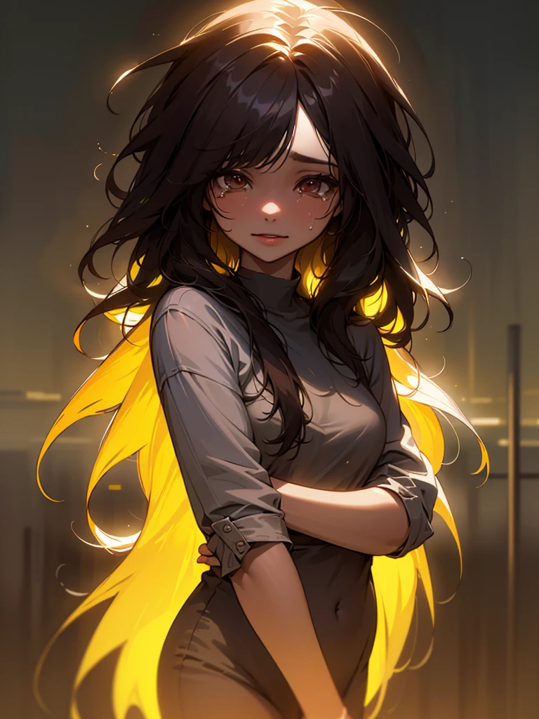 The starting point of a universal miracle,barrenwort,A beautiful girl crying at the bottom of the night, streaked hair, messy hair, long hair, expressive hair, evil smile, Surrealism, cinematic lighting, overexposure, uhd, uhd, masterpiece, textured skin, high details, best quality, highres, award winning