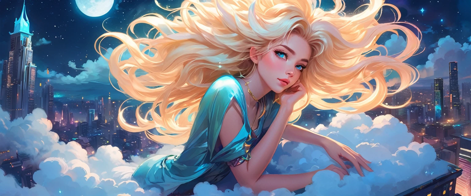 una hermosa mujer rubia de 20 años con el cabello largo y despeinado acostada sobre una nube en el cielo flotando sobre una ciudad por la noche, estrellas centelleantes y luna brillante, estilo de arte de fantasía, rossdraws dibujos animados vibrantes, ciberpunk, lindo arte digital detallado, colorfull Arte de fantasía digital, Arte de fantasía digital ), pintura digital brillante, rossdraws pastel vibrante, rossdibuja 2. 5, rossdraws 1. 0