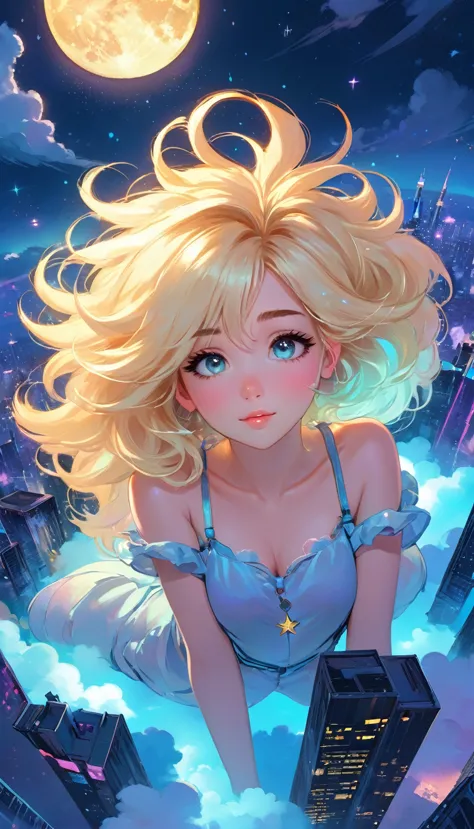 a beautiful 20 year old blonde woman with big messy hair laying down on a cloud in the sky floating over a cityscape at night, t...