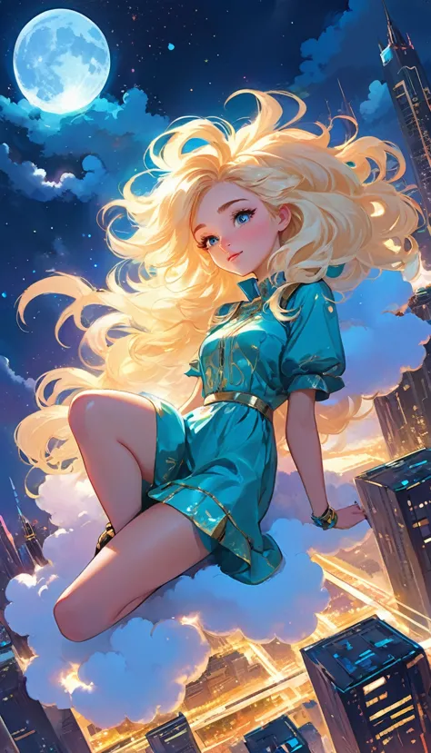 a beautiful 20 year old blonde woman with big messy hair laying down on a cloud in the sky floating over a cityscape at night, t...