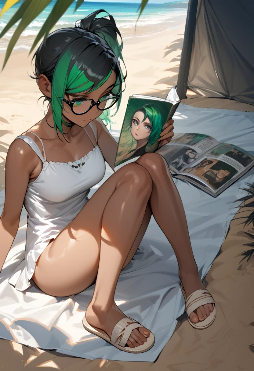 bright green hair, and a ponytail, beach, tropical, sitting in shade with beach umbrella, on towel, glasses, character full body portrait, full body, a character portrait, reading book, teen female emo art student, white sundress, black hair pins, dark skin, full body character portrait, inspired by Eiichiro Oda, beige flip flops, medium breasts, perfect legs, detailed, beautiful, masterpiece, high quality, adorable,